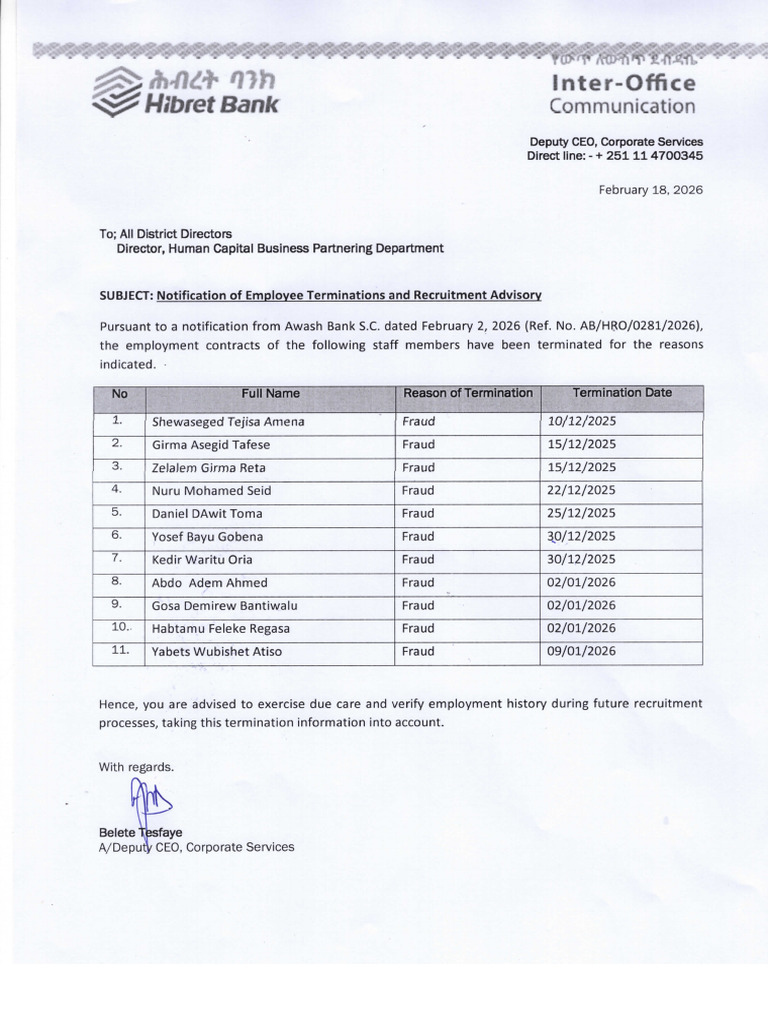 Awash Bank - Notification Termination | PDF | Employment | Labor