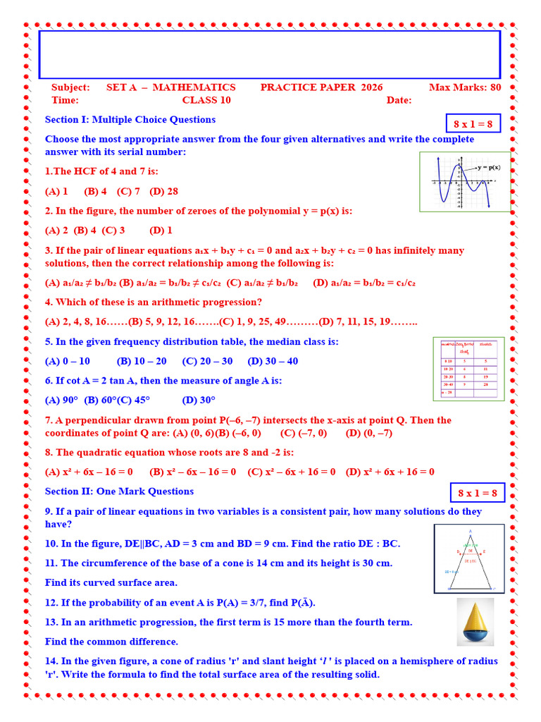 10th NEW 2026 MATHS PRACTICE PAPER | PDF | Circle | Quadratic Equation