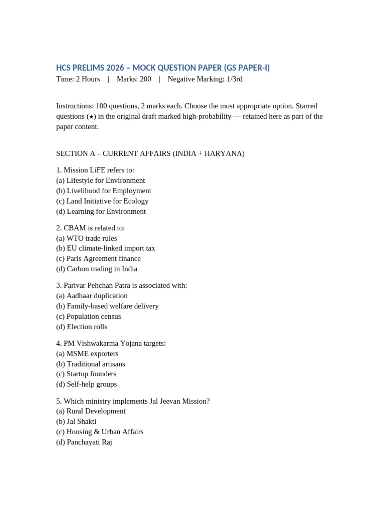 Hcs Prelims 2026 Mock With Answerkey | PDF | Reserve Bank Of India ...