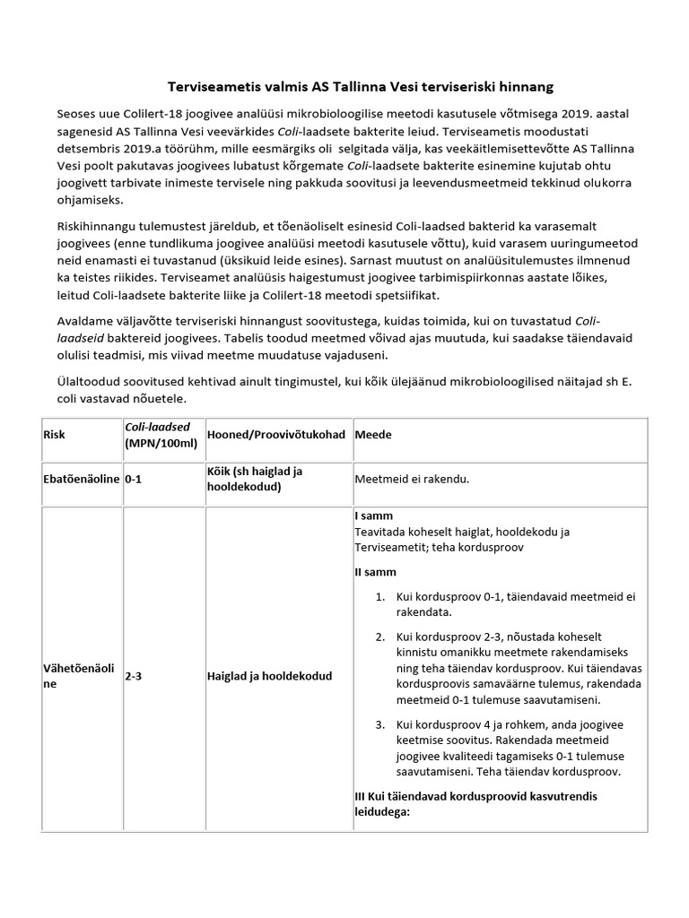 As Tallinna Vesi Terviseriski Hinnang | PDF