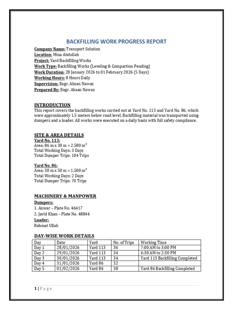 Yard Backfilling Work Report Transport Solution | PDF