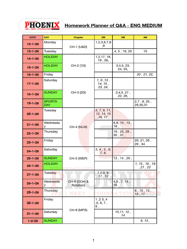 Homework Planner of Q&A - ENG MEDIUM: Date 2M 3M 4M Date | PDF ...