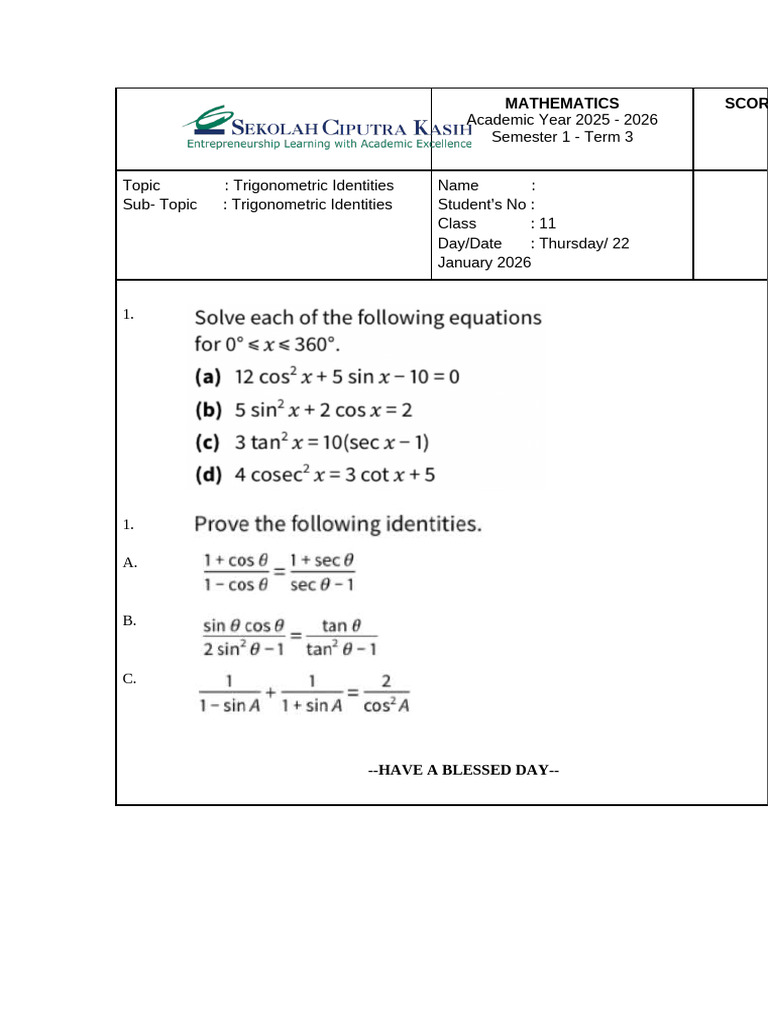 Term 3 Assignment 1 (Trigonometric Identities) | PDF