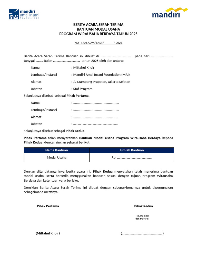 Format Bast Bantuan Modal - Wirausaha Berdaya | PDF