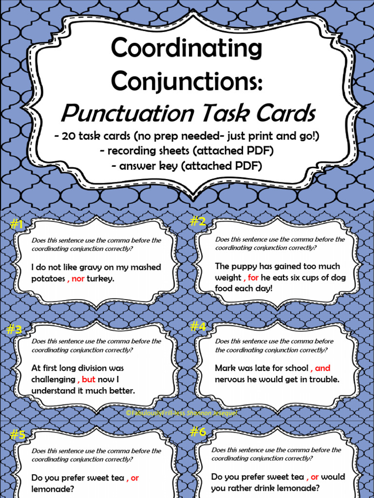 Punctuating Coordinating Conjunctions Task Cards | PDF | Linguistics ...