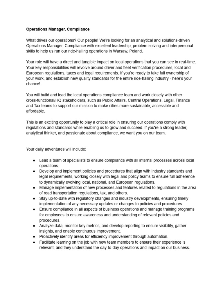 Job Description - Operations Manager, Compliance | PDF | Regulatory ...