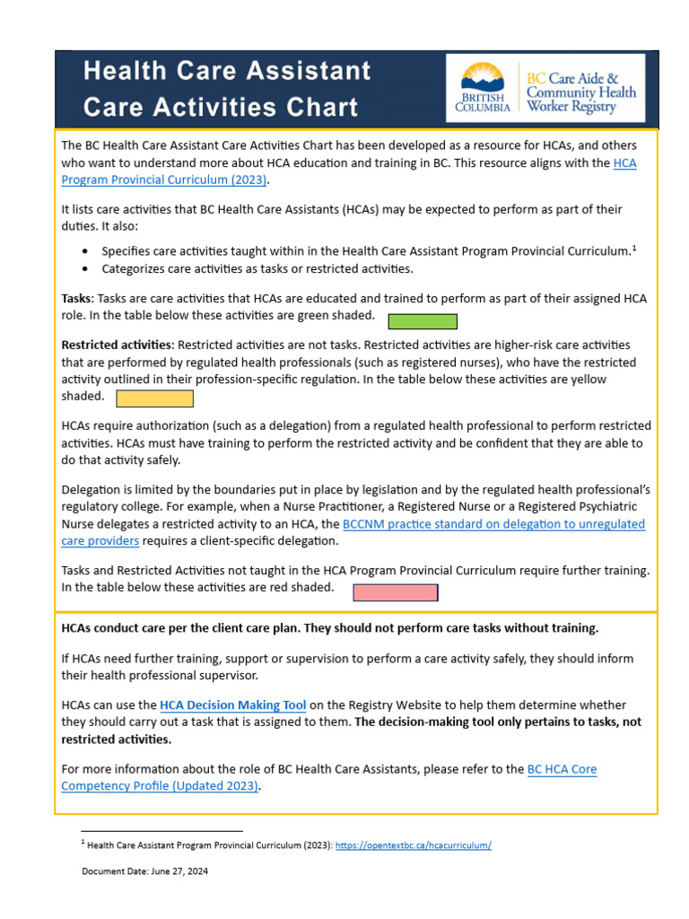 BC HCA Care Activities Chart | PDF | Bed | Wheelchair