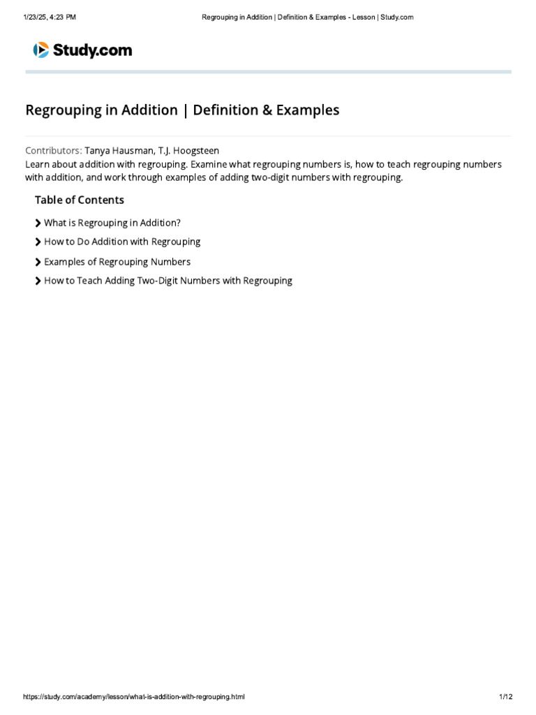 002 Regrouping in Addition - Definition & Examples - Lesson - Study | PDF