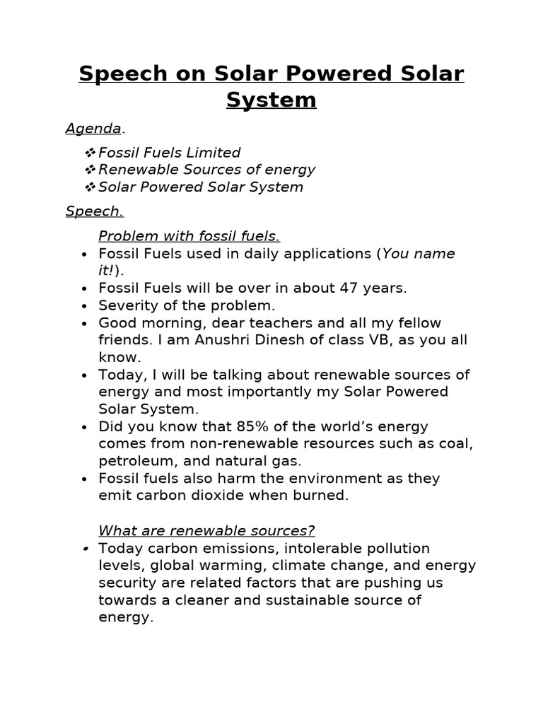 Speech On Solar Powered Solar System | PDF