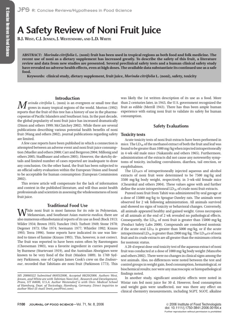 A Safety Review of Noni Fruit Juice R Concise Reviews/Hypotheses in