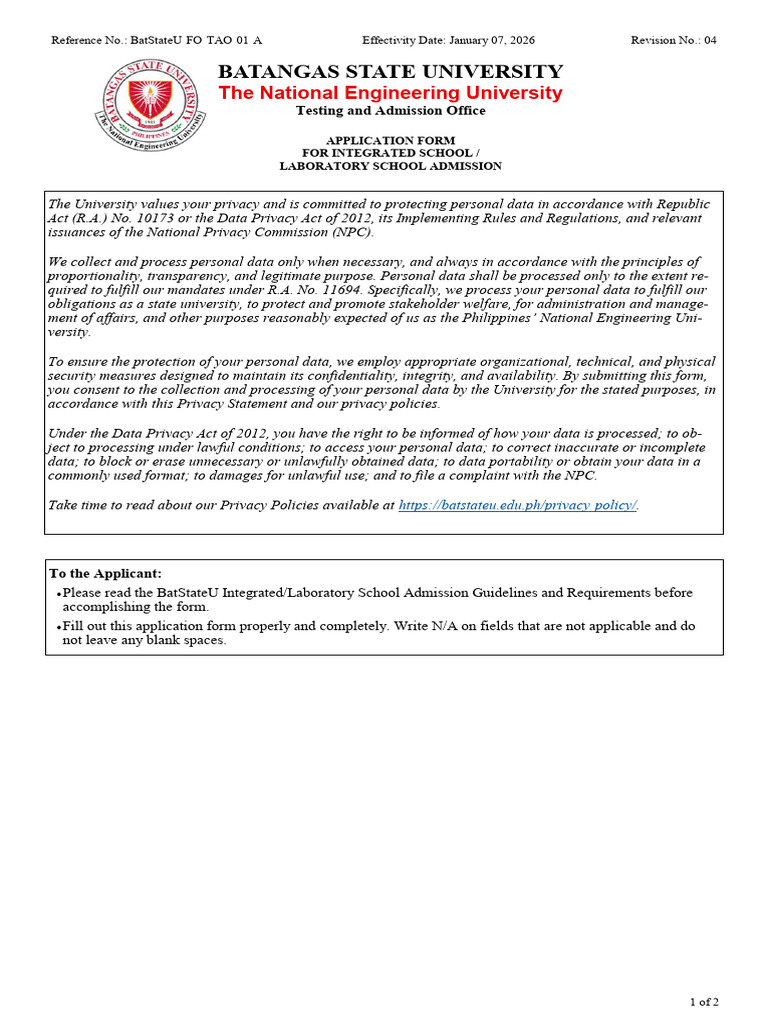 BatStateU-FO-TAO-01-A - Application Form For Integrated School and ...