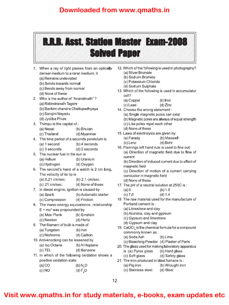 RRB ASM Previous Solved Papers 2008 - WWW - Qmaths.in | PDF