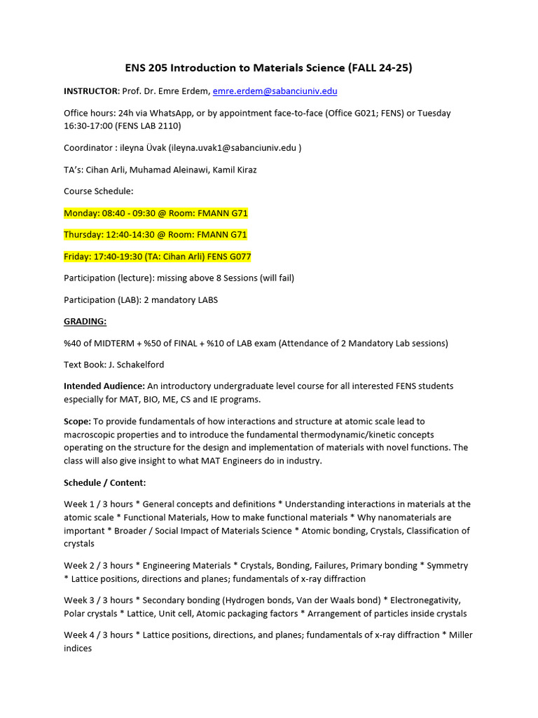 ENS 205 Introduction To Materials Science2024Fall | PDF | Crystal ...
