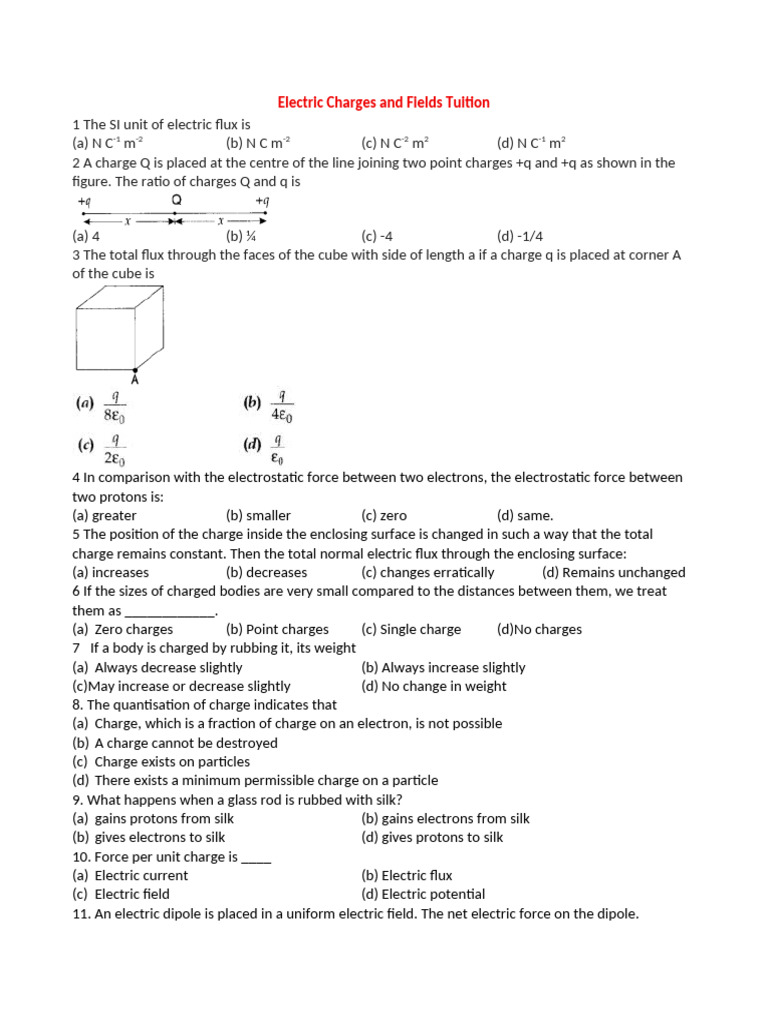 Electric Charges and Fields Tuition MCQ | PDF | Electricity | Force