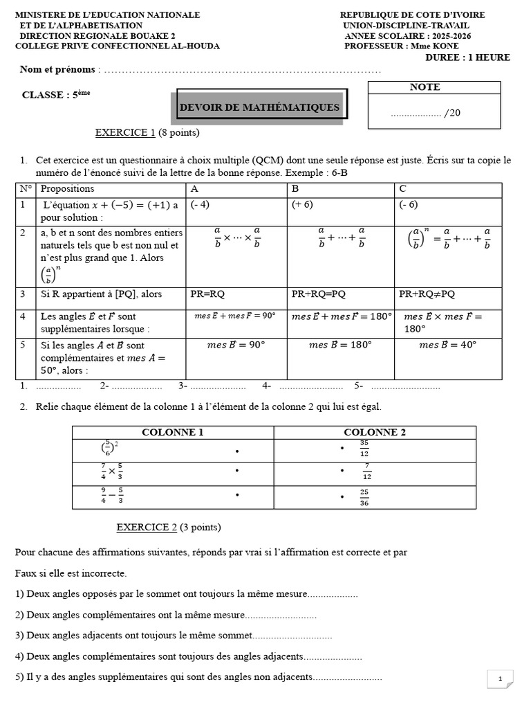 Devoir de Math 5eme | PDF | Mathématiques