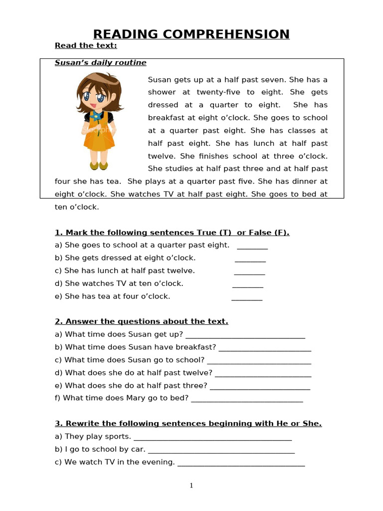 Daily Routines Reading Comprehension Exercises 13115 | PDF | Lunch