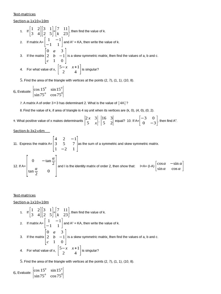 Test-Matrices and Short Questions Determinants-25-26 | PDF ...