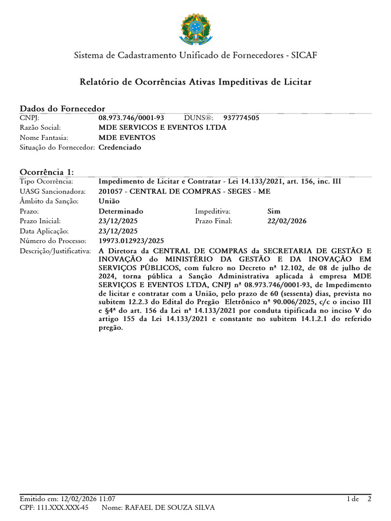 Relatório de Ocorrências Ativas Impeditivas de Licitar: Sistema de ...