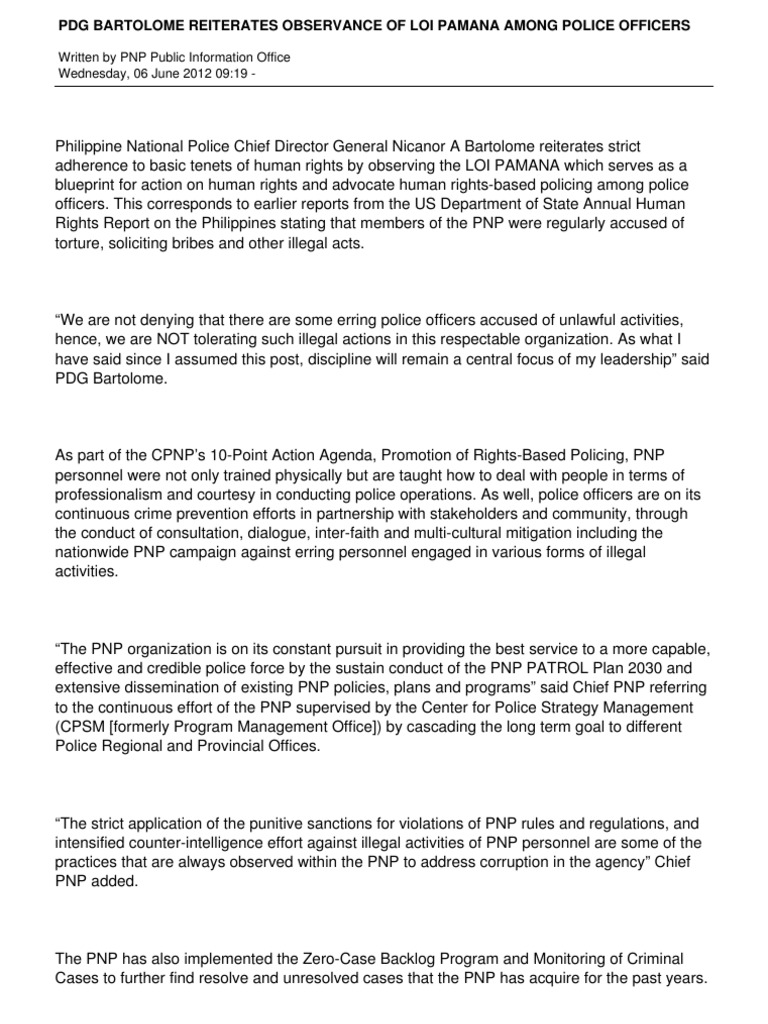 LOI PAMANA: PNP's Human Rights Commitment | PDF | Police | Police Officer