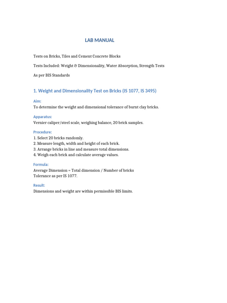 Tests On Bricks Tiles Concrete Blocks Lab Manual | PDF | Brick | Concrete