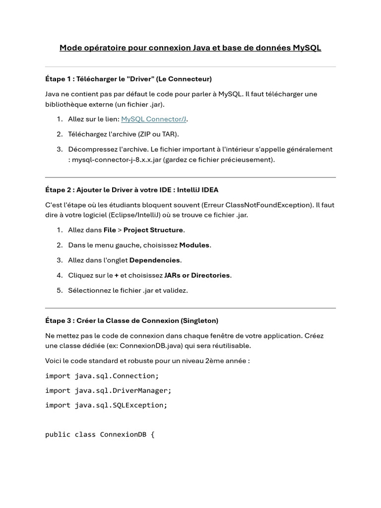 Mode Opératoire Pour Connexion Java Et Base de Données MySQL | PDF ...