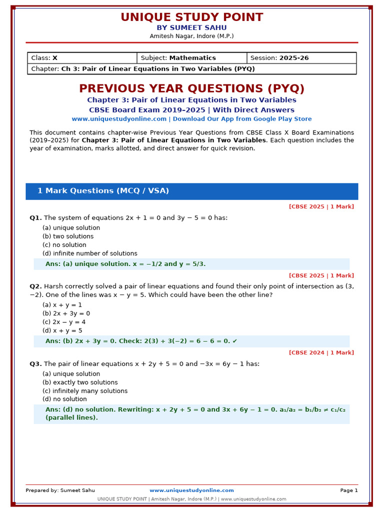 PYQ Ch3 Linear Equations | PDF
