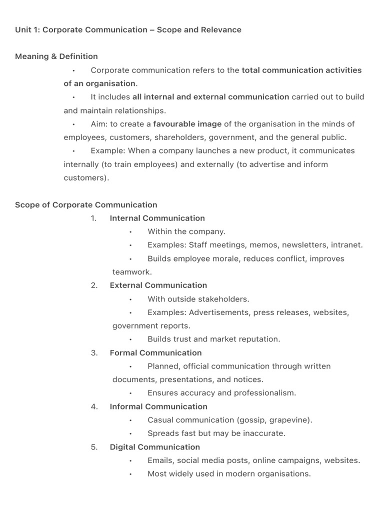 Unit 1 - Corporate Communication - Scope and Relevance | PDF ...