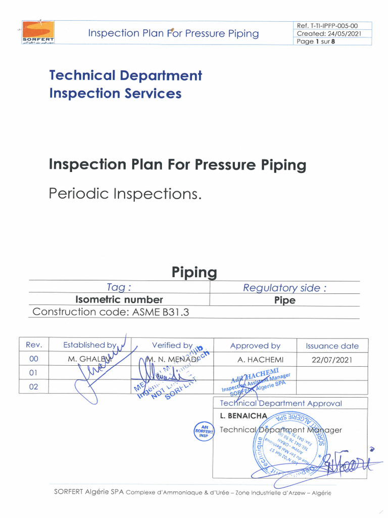 Inspection Plan For Pressure Piping Stamped | PDF
