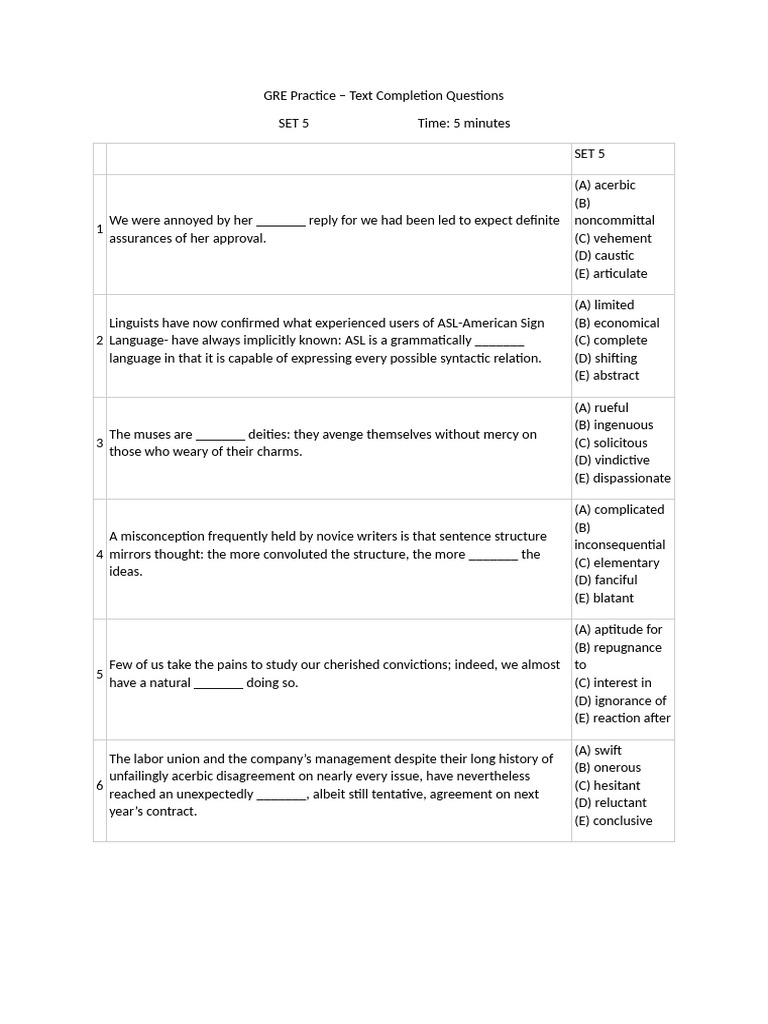 SET 5 - Text Completion - 1 Blank | PDF | Communication | Linguistics