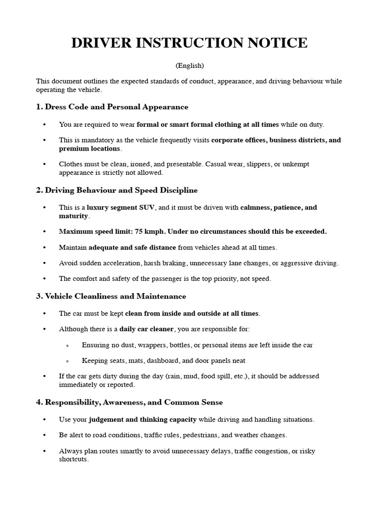Driver Instruction Form | PDF