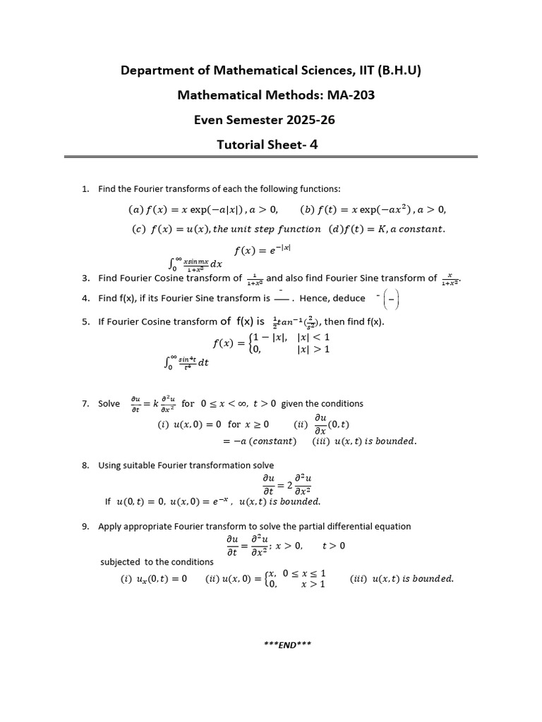 MA 203 Tutorial Sheet 4 | PDF | Fourier Series | Fourier Transform