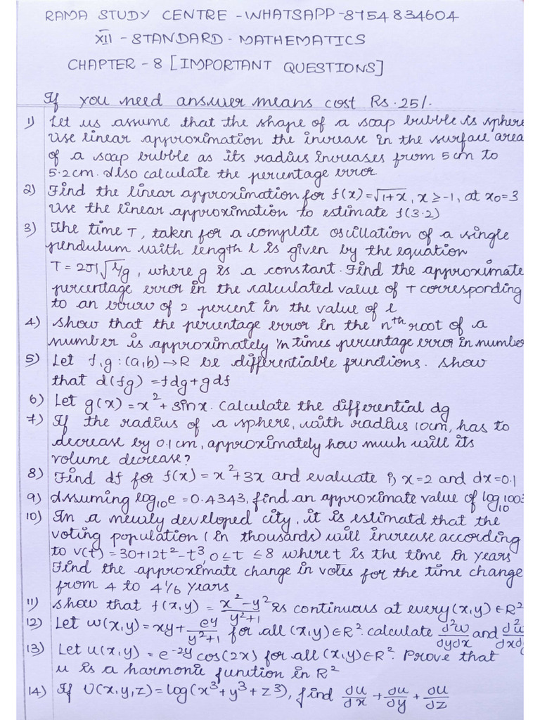 12th Maths Chapter 8 Important Questions English Medium PDF Download | PDF