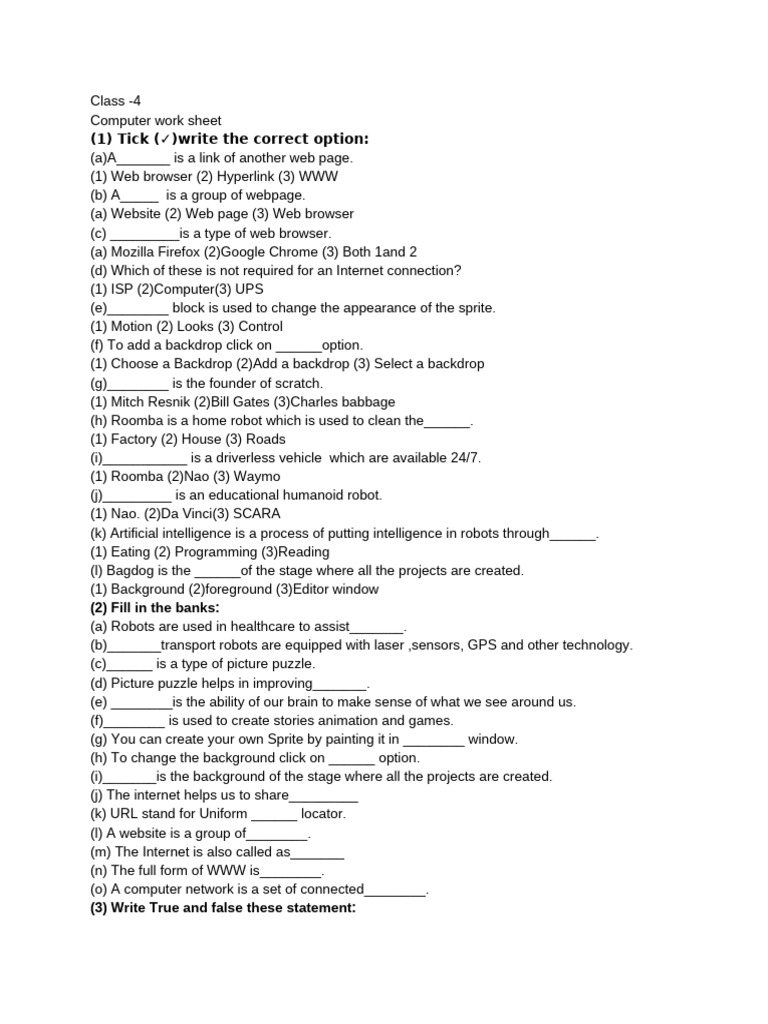 Class - 4 Computer Work Sheet | PDF | Computing