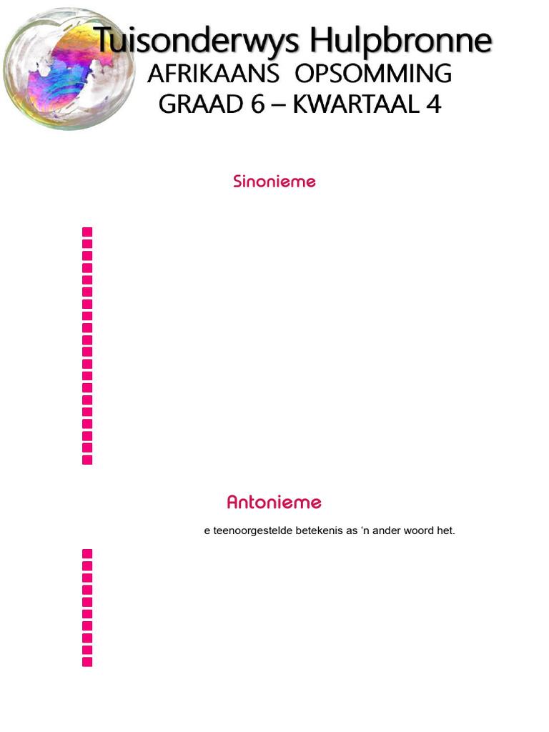 Graad 6 Kwartaal 4 Afrikaans Opsomming 2022 | PDF