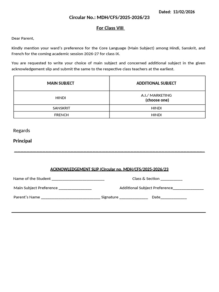 Subject Selection Form Class 8 (26-27) | PDF