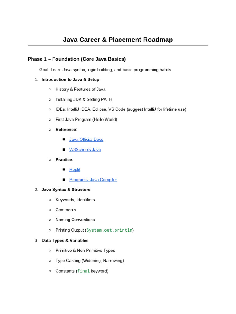 Java Career & Placement Roadmap | PDF | Method (Computer Programming ...