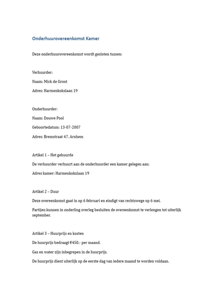 Onderhuurovereenkomst Kamer Met Huisregels Ondertekend | PDF