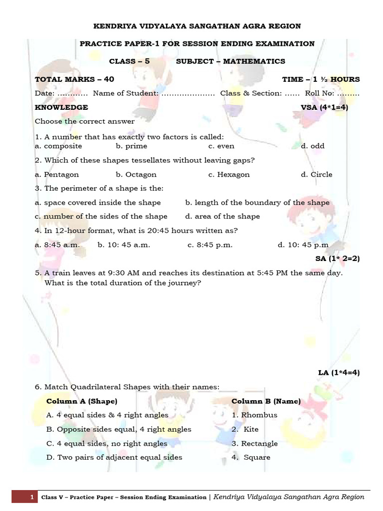 CLASS 5 Maths SEE Practice Papers | PDF | Shape | Area