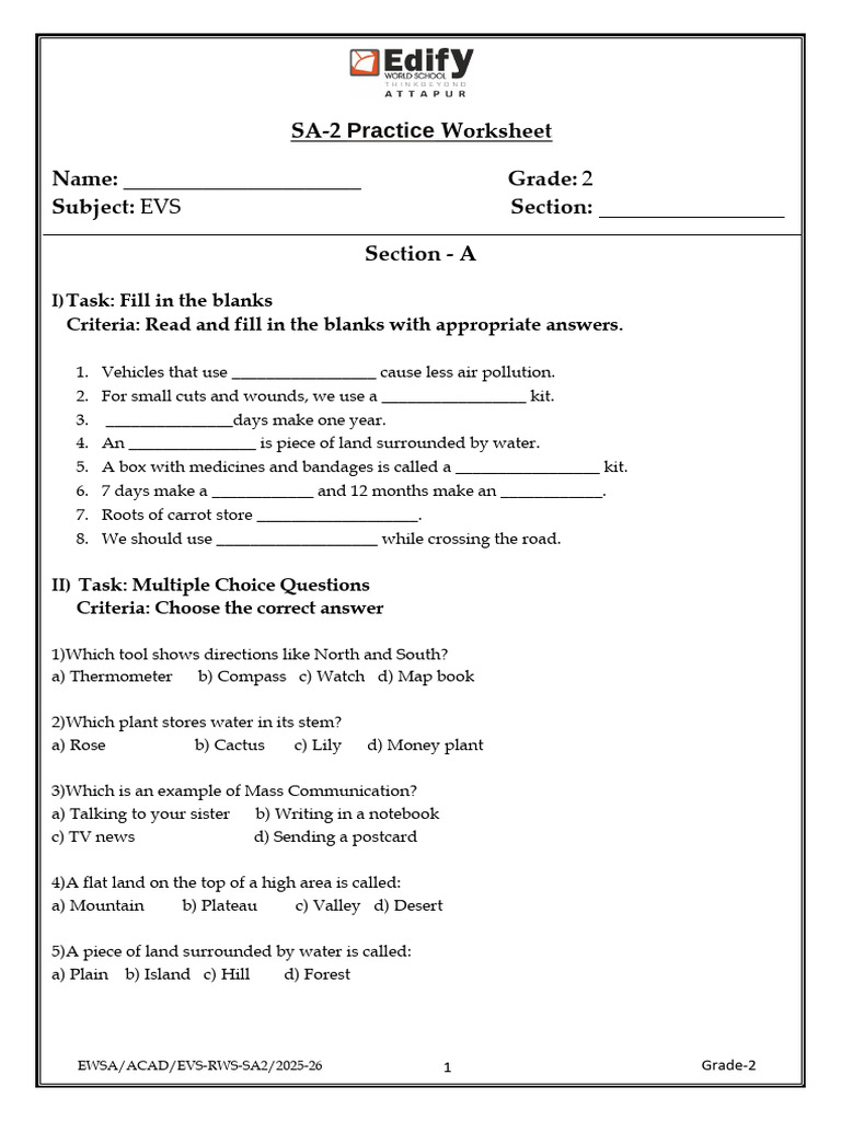 G2 EVS SA-2 Practice Worksheet 25-26 | PDF