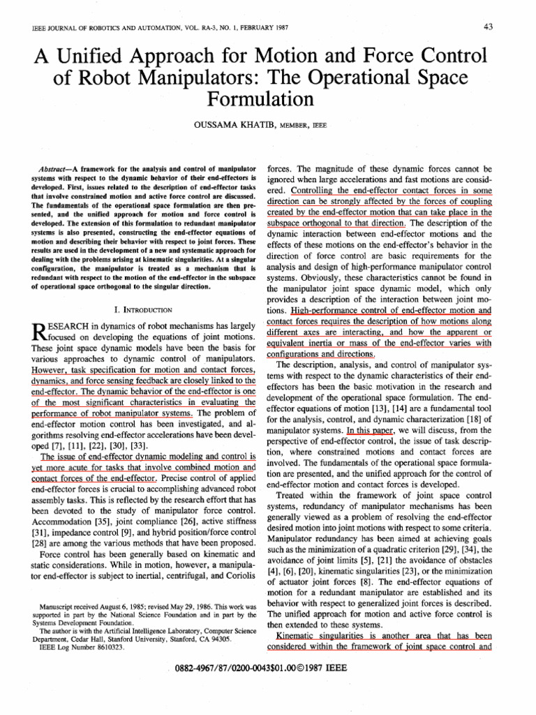 A Unified Approach For Motion and Force Control of Robot Manipulators ...