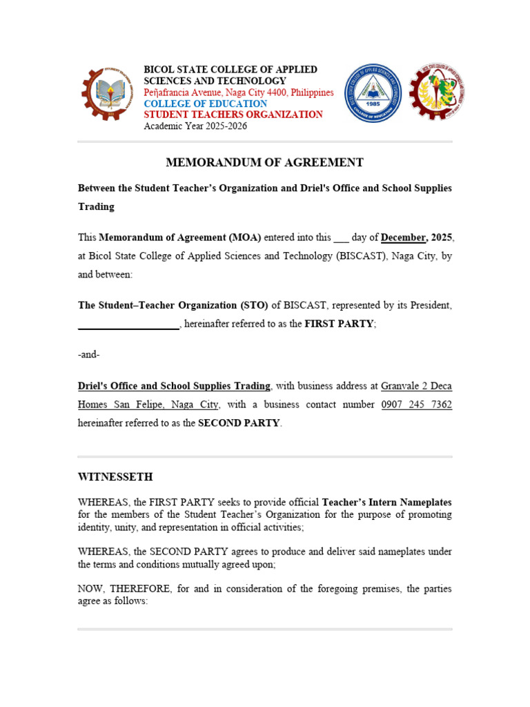 Memorandum of Agreement | PDF | Business Law | Business
