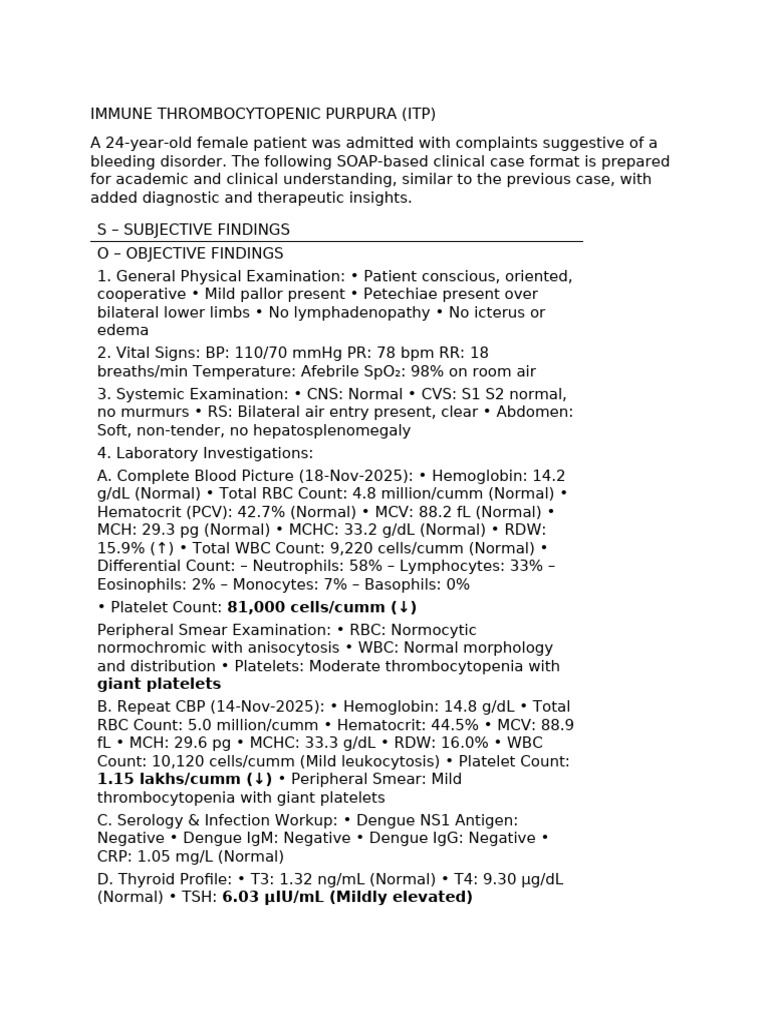 Immune Thrombocytopenic Purpura (Itp) - Case Sheet | PDF | Platelet ...