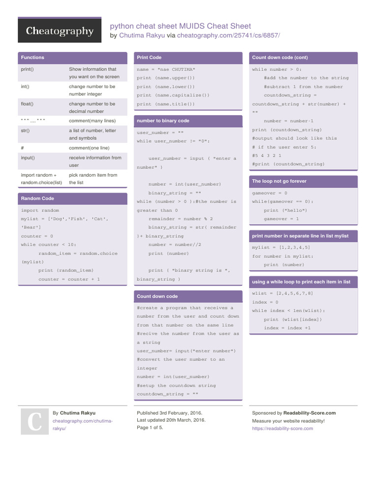 Chutima Rakyu Python Cheat Sheet Muids | PDF | Numbers | Integer ...