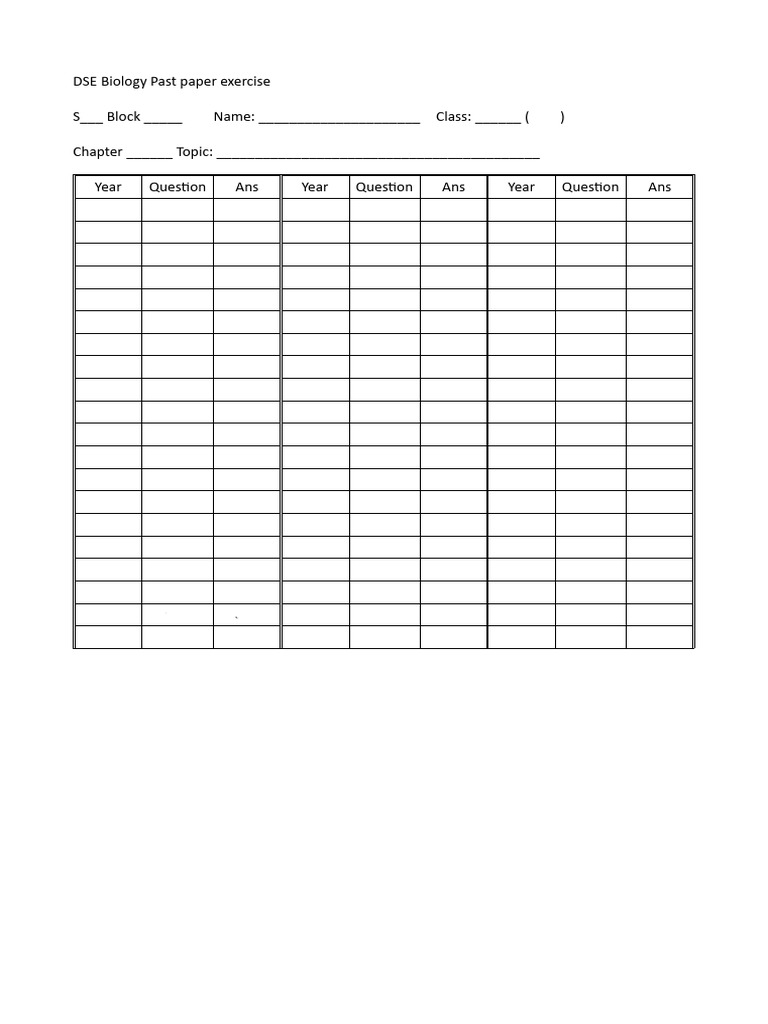 DSE Biology Past Paper Exercise Answer Sheet | PDF