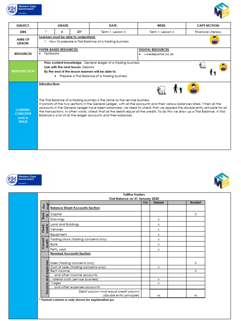 Lesson Plan Grade 9 EMS Term 1 Lesson 4 | PDF | Debits And Credits ...