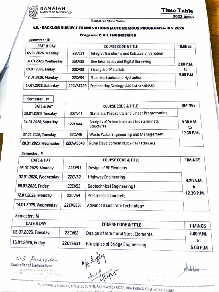 Sem End and Backlog Time Table 2022 Batch | PDF