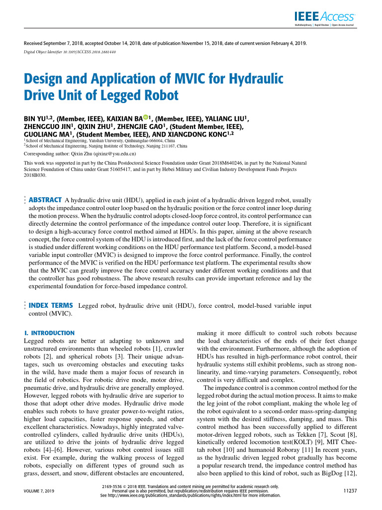 Design and Application of MVIC For Hydraulic Drive Unit of Legged Robot ...