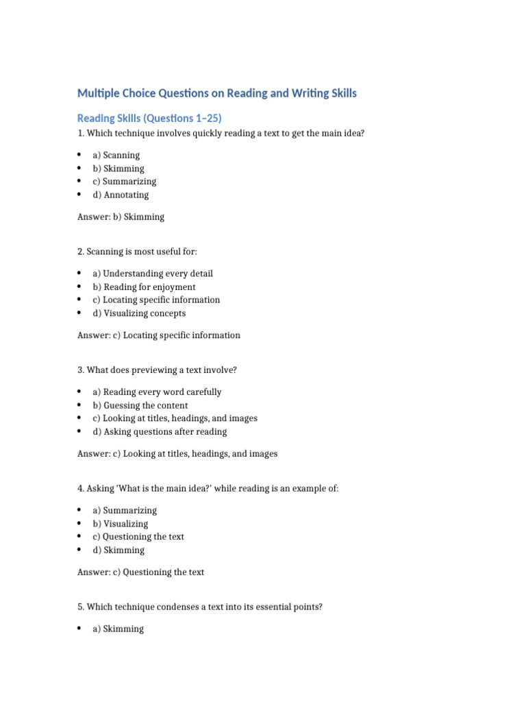 Complete MCQs Reading Writing | PDF | Speed Reading | Cognitive Science