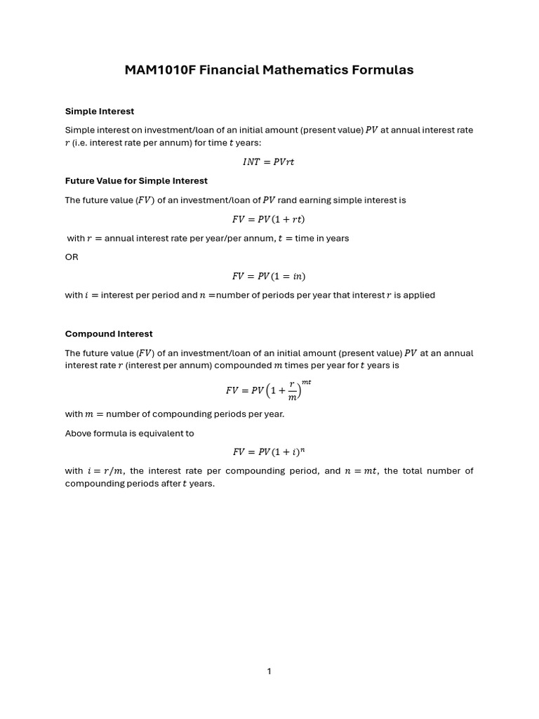 MAM1010F Financial Mathematics Formulas | PDF | Interest | Investing