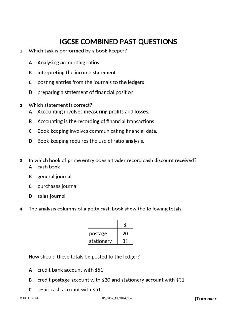 Yr 11 Igcse Combined Past Questions 1 | PDF | Bookkeeping | Debits And ...